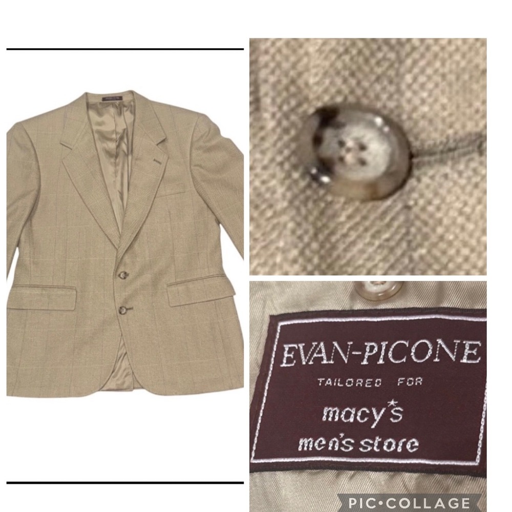 Vtg Evan-Picone Men 42R Tan Windowpane Herringbone Blazer Sport Coat Made In USA